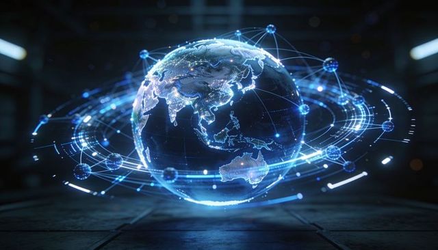 Rotating holographic globe depicting asia pacific surrounded by digital network rings