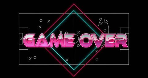 Retro neon game over text on soccer tactics field with glowing diamond 3d arcade
