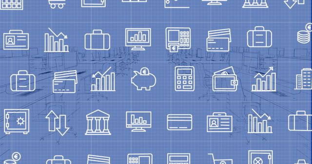 Finance and Office Technology Icons Grid Over Modern Office Background - Download Free Stock Images Pikwizard.com