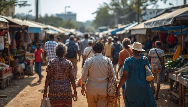 Three women walking through sunlit urban market carrying woven baskets and reusable bags