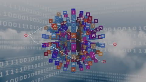 Digital Data Stream with Media Icons on Cloud Background