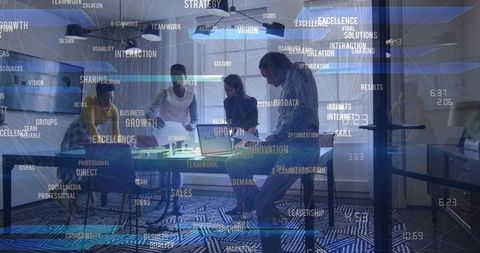 Diverse Team Engaged in Strategic Planning with Digital Overlay