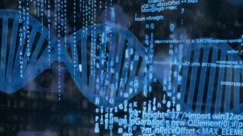 DNA Strand with Binary Code Overlay in Digital Space