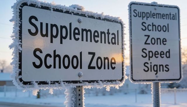 Frost-covered supplemental school zone signs during sunrise on snowy suburban road