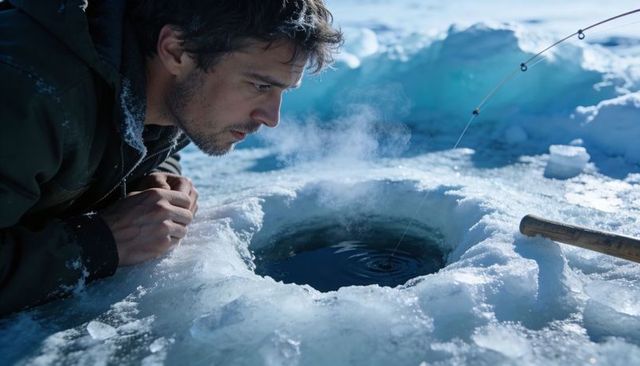 Solitary angler leaning over ice hole checking line on frozen lake under blue winter light