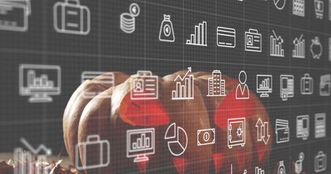 Small pumpkins blending with digital finance icons overlay for autumn business concept