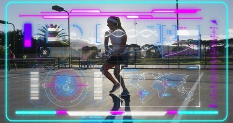 Tennis player with futuristic holographic overlay swinging racket