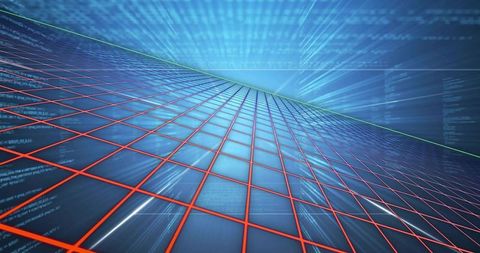 Futuristic neon grid receding toward green horizon, red lattice over streaming cyan code