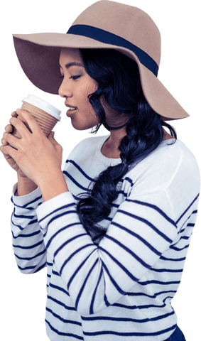 Stylish woman in hat holding coffee in transparent background