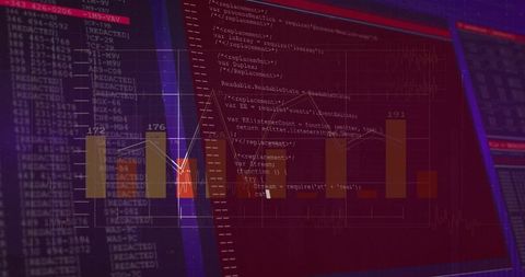 Neon Dashboard Displaying Bar Chart with Terminal Code Overlay for Data Monitoring