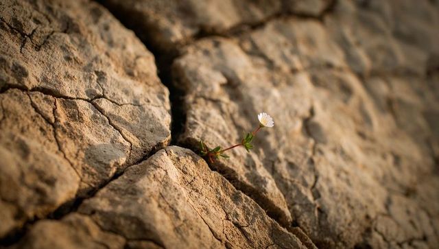 White wildflower pushing through cracked rock crevice, symbolizing resilience and survival
