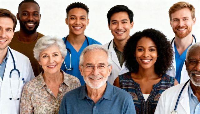Smiling senior man surrounded by diverse medical team showing trust, compassion, and health