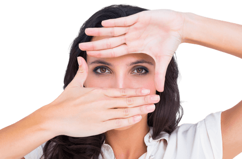 Transparent woman framing her face with hands confident expression