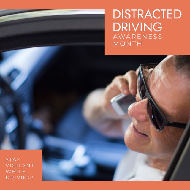 Caucasian Senior Man Talking on Cellphone in Car for Distracted Driving Awareness - Download Free Stock Templates Pikwizard.com