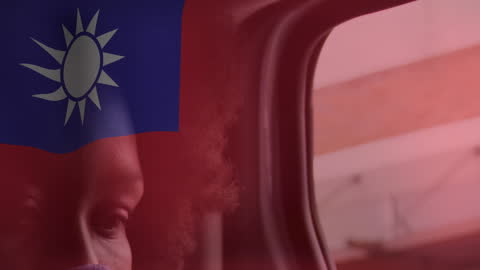 Taiwan Flag Overlay on Woman with Face Mask Using Smartphone