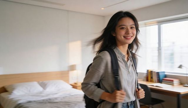Young asian student walking into modern dorm room smiling with backpack and books, sunlit