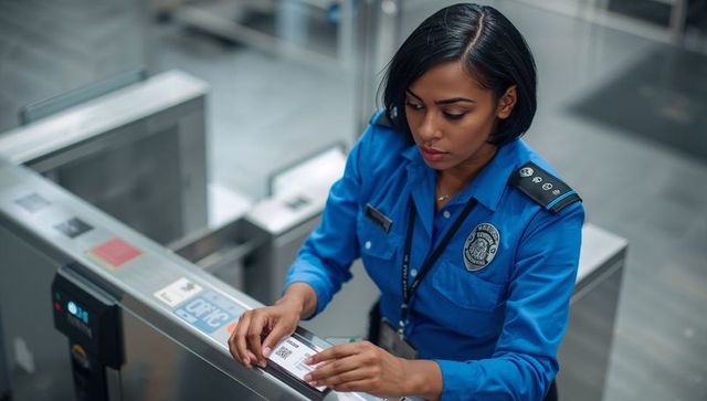 Female transit security officer scanning boarding pass at automated gate, airport checkpoint