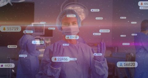 Surgical team preparing in operating room with floating digital notifications and ppe