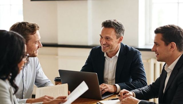 Executive team collaborating around laptop and documents during office strategy meeting