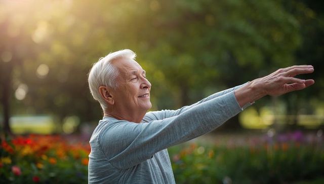 Smiling senior man stretching arms in sunlit garden at golden hour promoting active aging