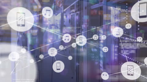 Digital Network Icons Connecting in Server Room Background