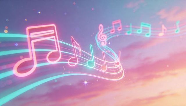 Neon musical notes gliding over pastel sunset with treble clef and sparkling trails