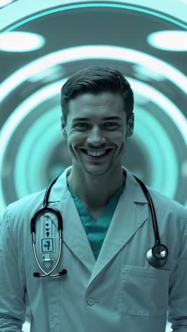 Smiling Doctor Walking Through Futuristic Scan Tunnel Vertical Healthcare Technology Video