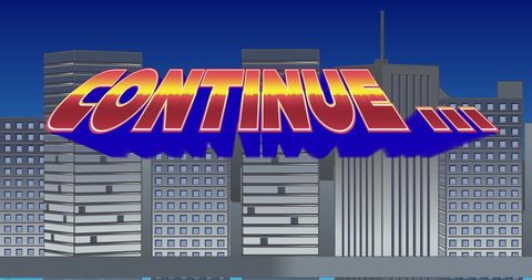 Retro Video Game Text Over Cityscape Background