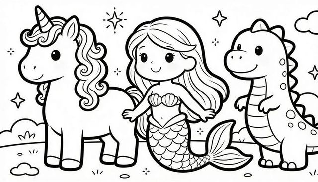 Mermaid posing with unicorn and dino coloring page cute fantasy trio for kids