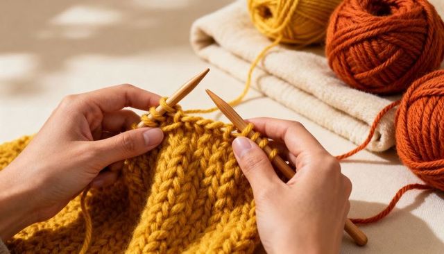 Knitting hands creating chunky mustard yarn fabric with wooden needles cozy craft closeup