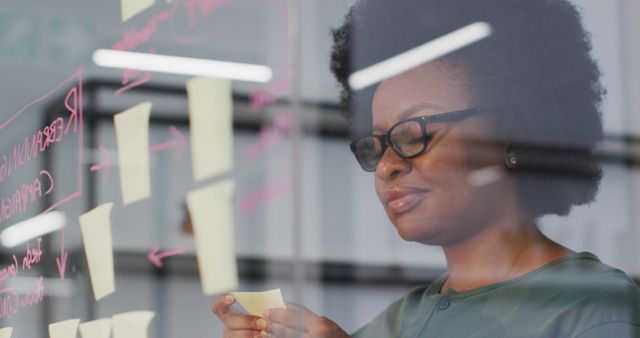 African American Businesswoman Strategizing with Sticky Notes on Glass Wall - Download Free Stock Images Pikwizard.com