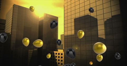Digital Balloons Floating Over Urban Skyscrapers in Moody Sunset