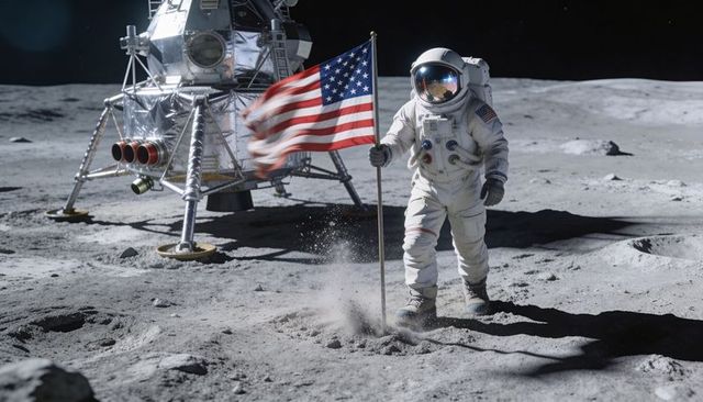 Planting American Flag on Lunar Surface by Astronaut in EVA Suit with Lander