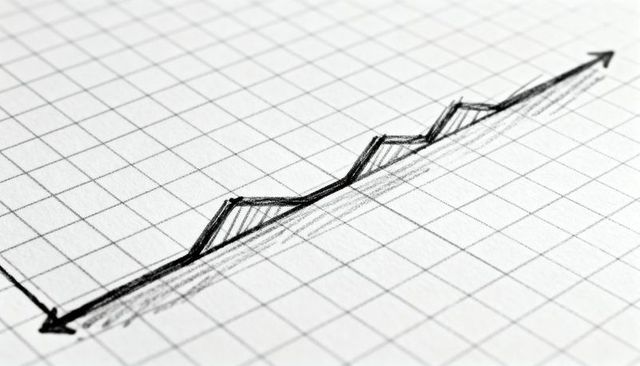 Hand-drawn zigzag growth chart on graph paper with upward arrow indicating progress
