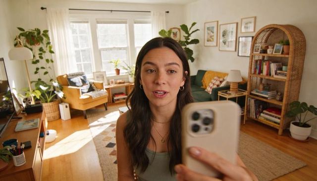 Recording cozy living room vlog with smartphone, woman speaking to camera, home decor