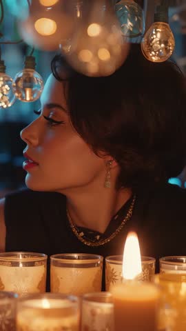 Vertical video of woman turning head toward sound amid flickering candles and warm lights