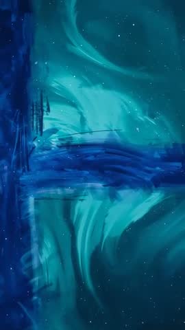 Vertical Abstract Aurora Painting Shimmering Teal-Blue Night Sky Flowing Brushstrokes