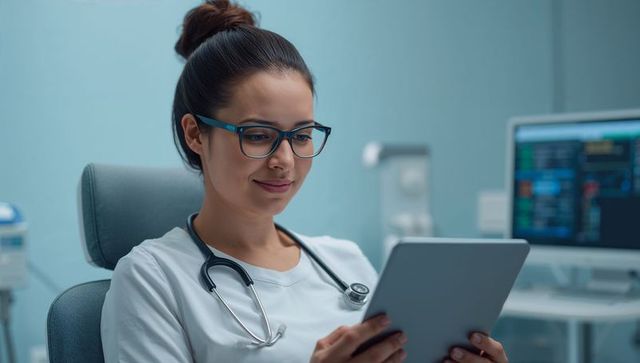 Nurse reading tablet in clinic wearing stethoscope and glasses with monitor showing vitals