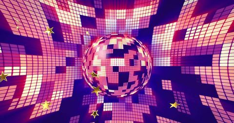 Glowing Disco Ball and Gold Stars on Vibrant Dance Floor