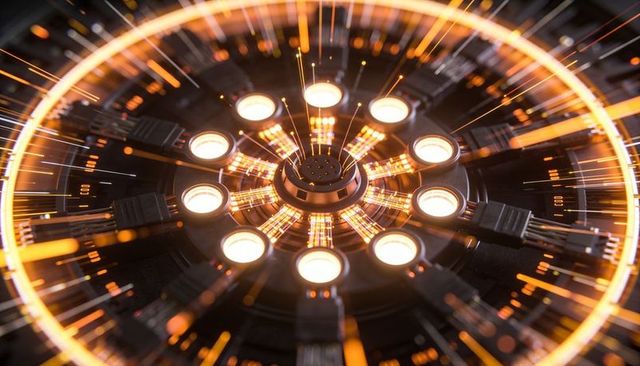 Futuristic glowing tech core emitting amber energy ring with modular circuitry