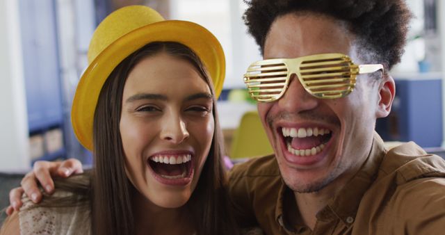 Happy Friends Taking Selfie Wearing Futuristic Sunglasses and Party Hats - Download Free Stock Images Pikwizard.com