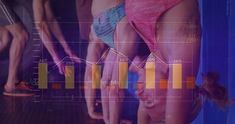 Group handstand class performing controlled inversions with data overlay showing metrics