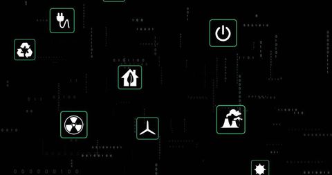 Green energy icons floating over digital data grid for sustainability and renewables insights