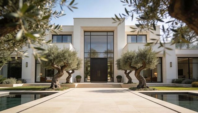 Modern mediterranean villa facade with black entrance doors, olive trees and pools
