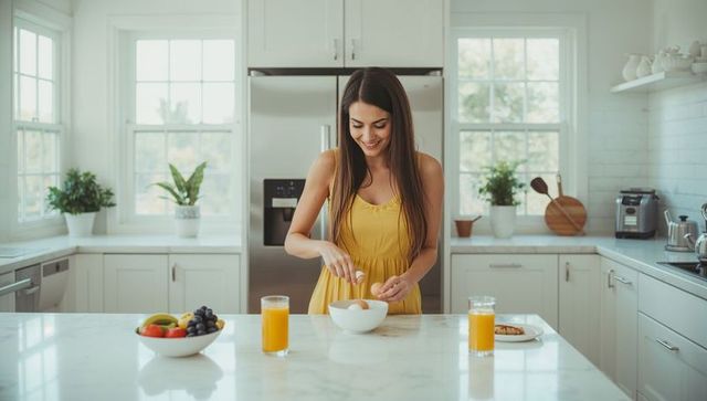 Smiling woman in yellow sundress cracking eggs for breakfast in bright farmhouse kitchen