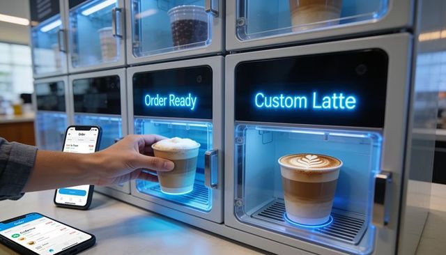 Customer retrieving custom latte from automated pickup locker with mobile order app