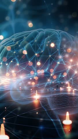 Vertical 3D Brain Neural Network Visualization with Pulsing Nodes and Camera Movement