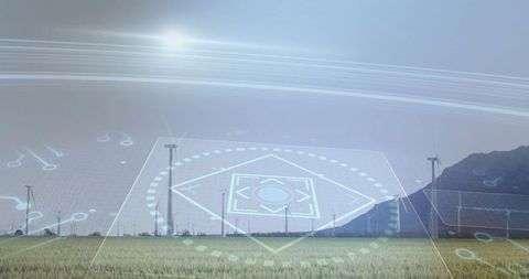 Transparent HUD Overlapping Wind Farm in Mountainous Rural Field