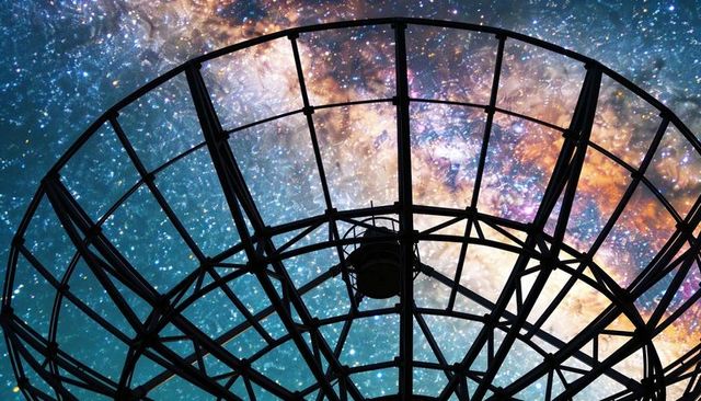 Silhouette radio telescope dish framing milky way nebula, parabolic antenna scanning cosmos
