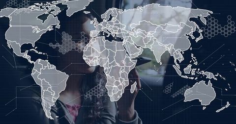 Woman Talking on Phone with Futuristic Global Map Overlay for Digital Network Concept